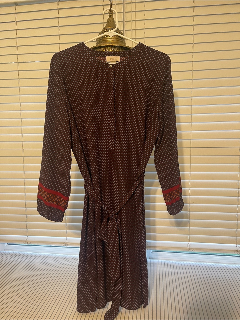 LOFT burgundy Polka Dot Long Sleeve Tie-Waist Dress with maroon Cuff Detail